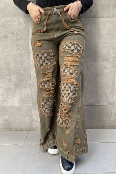 Damalı Tasarım Çift Kumaş Oversize Kot Pantolon