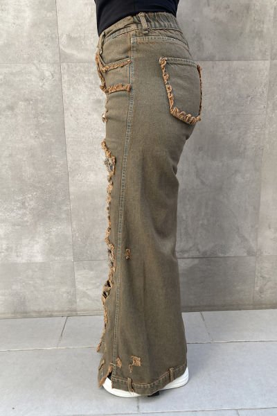 Damalı Tasarım Çift Kumaş Oversize Kot Pantolon