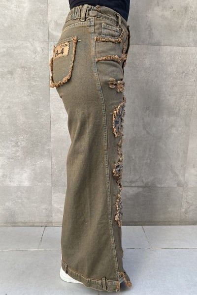 Damalı Tasarım Çift Kumaş Oversize Kot Pantolon
