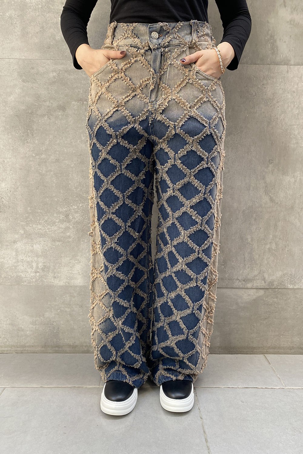Taşlama Tasarım Kumaş Oversize Pantolon