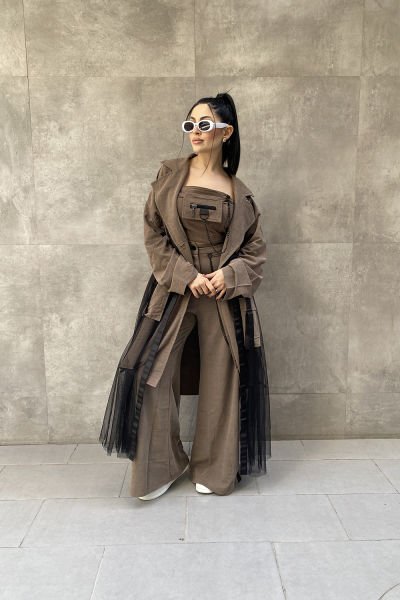 Tüllü Tasarım Oversize Trençkot