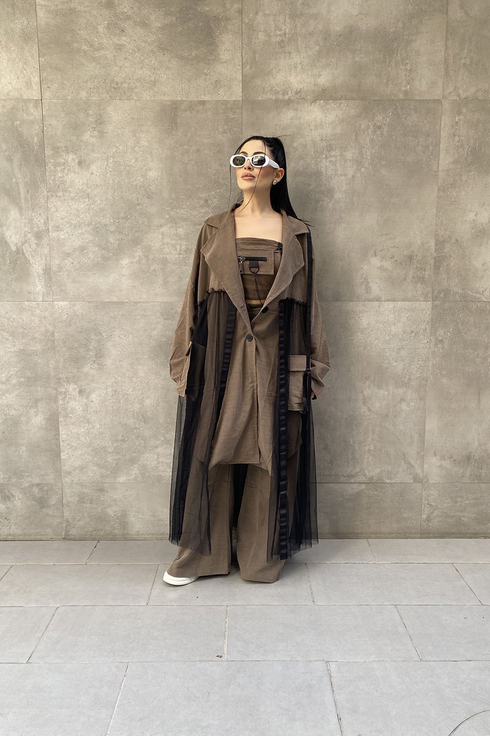 Tüllü Tasarım Oversize Trençkot