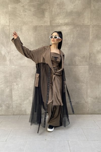 Tüllü Tasarım Oversize Trençkot