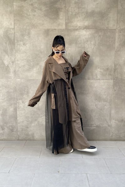 Tüllü Tasarım Oversize Trençkot