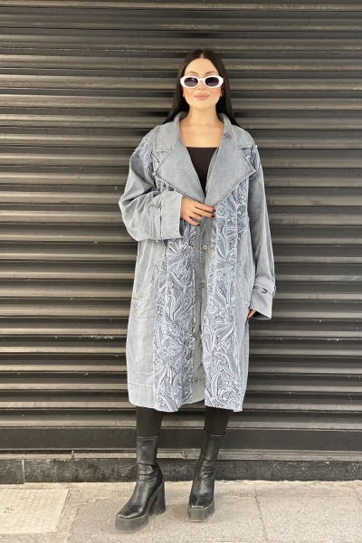 Nakışlı Tasarım Oversize Trençkot