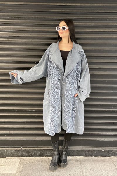 Nakışlı Tasarım Oversize Trençkot