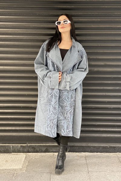 Nakışlı Tasarım Oversize Trençkot