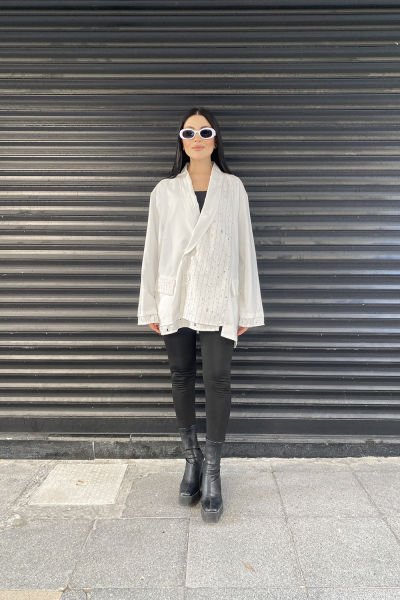 Delikli Kumaş Tasarım Oversize Ceket&Bluz