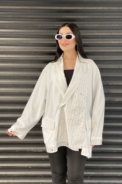 Delikli Kumaş Tasarım Oversize Ceket&Bluz
