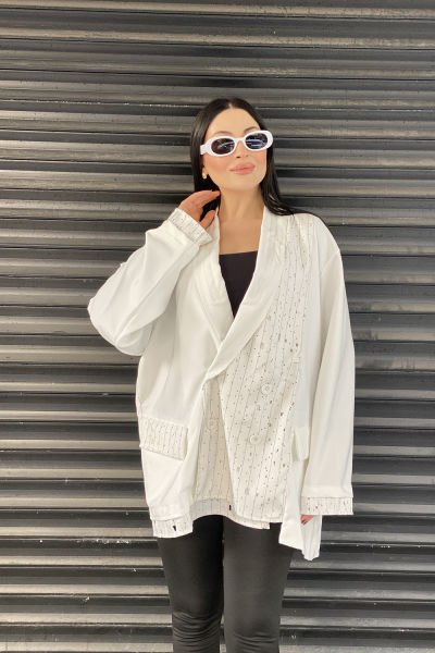 Delikli Kumaş Tasarım Oversize Ceket&Bluz