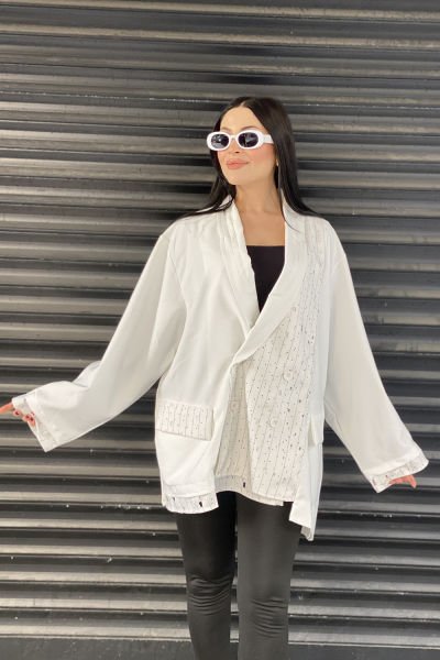 Delikli Kumaş Tasarım Oversize Ceket&Bluz