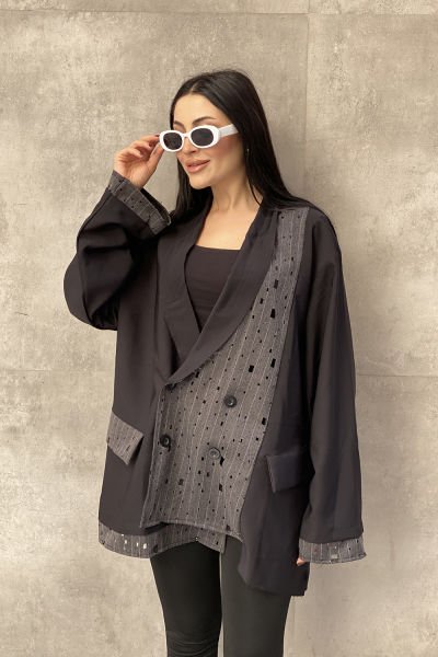 Delikli Kumaş Tasarım Oversize Ceket&Bluz