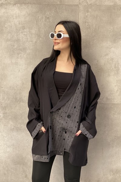Delikli Kumaş Tasarım Oversize Ceket&Bluz