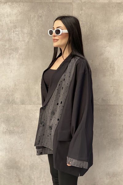 Delikli Kumaş Tasarım Oversize Ceket&Bluz