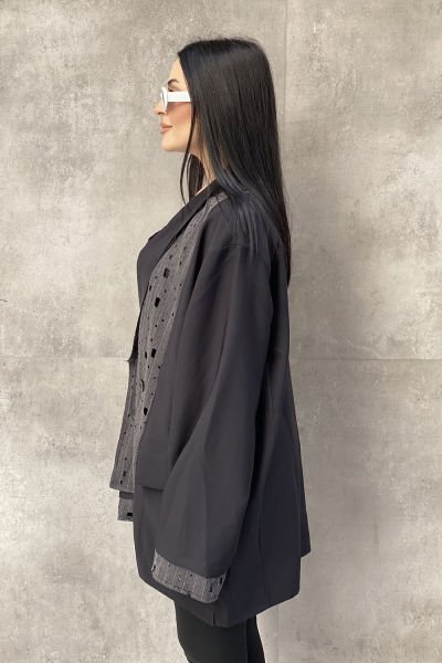 Delikli Kumaş Tasarım Oversize Ceket&Bluz