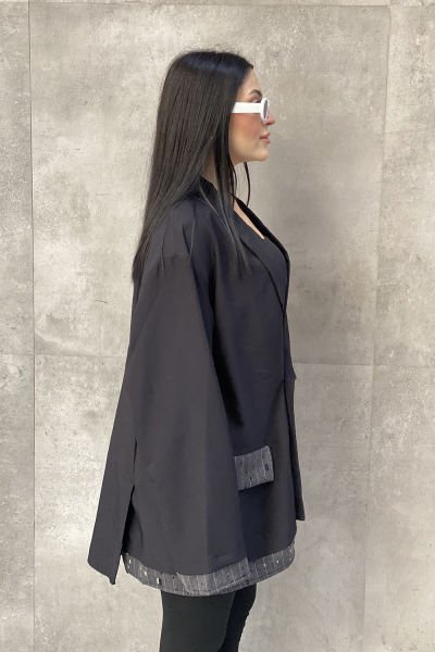 Delikli Kumaş Tasarım Oversize Ceket&Bluz