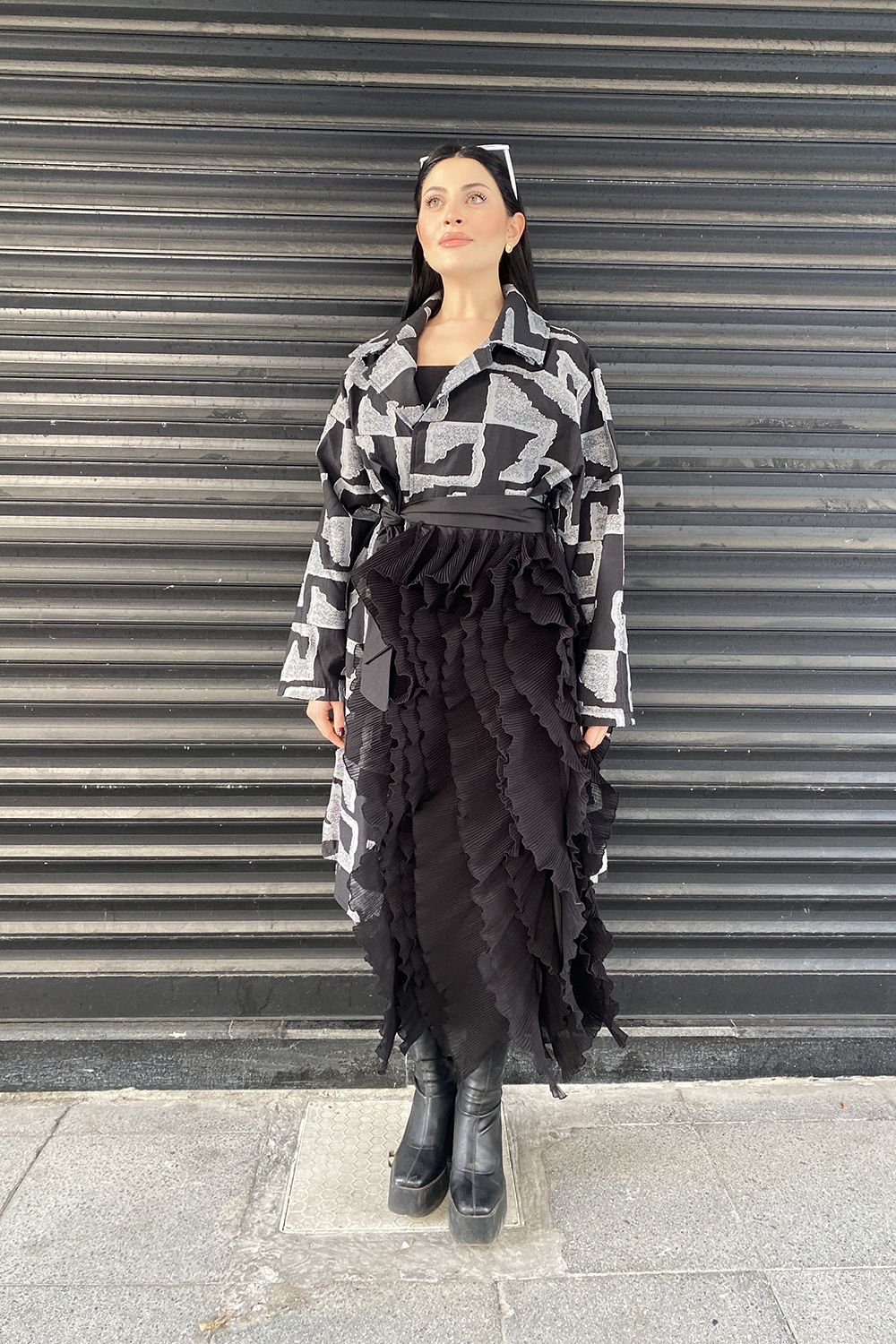 Fırfırlı Tasarım Oversize Çift Renk Trençkot