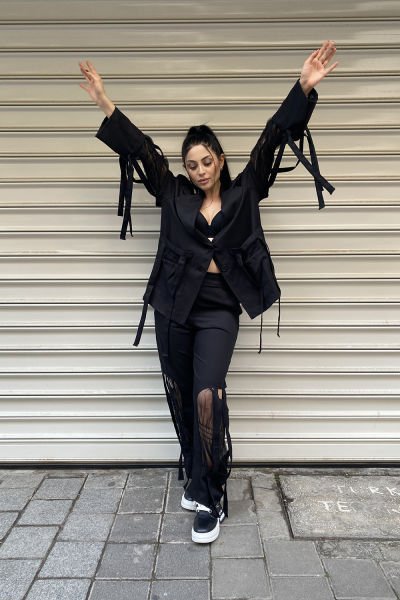 Tüllü Tasarım Saçaklı Spor Blazer Ceket
