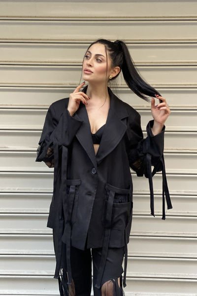 Tüllü Tasarım Saçaklı Spor Blazer Ceket
