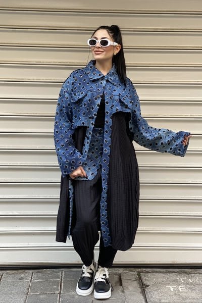 Taşlı Kot Tasarım Oversize Trençkot