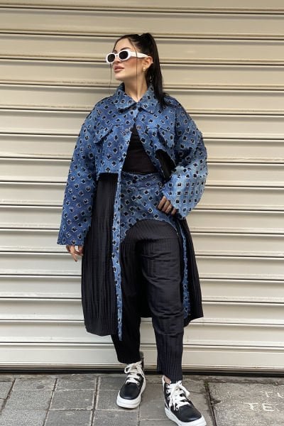 Taşlı Kot Tasarım Oversize Trençkot