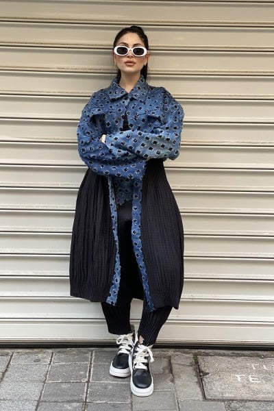Taşlı Kot Tasarım Oversize Trençkot