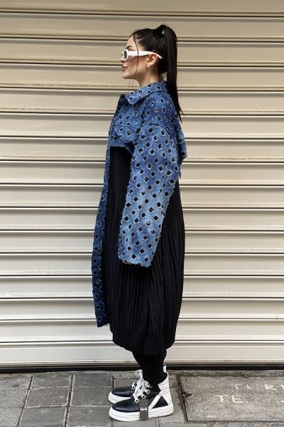 Taşlı Kot Tasarım Oversize Trençkot