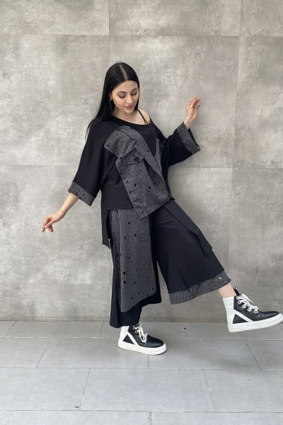 Delikli Kumaş Tasarım Oversize Pantolon