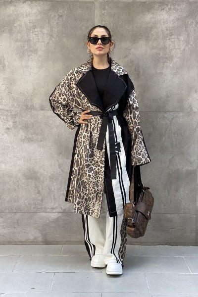 Leopar Tasarım Oversize Trençkot