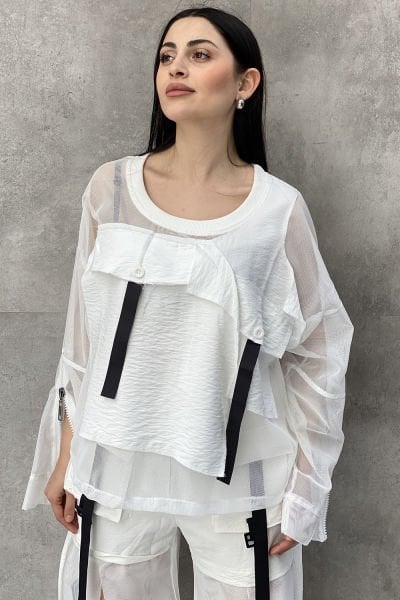 File Tasarımlı Oversize Kemerli Bluz
