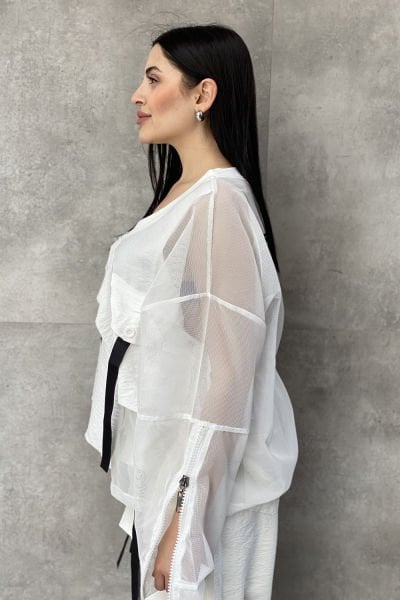 File Tasarımlı Oversize Kemerli Bluz