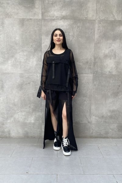 File Tasarımlı Oversize Kemerli Bluz