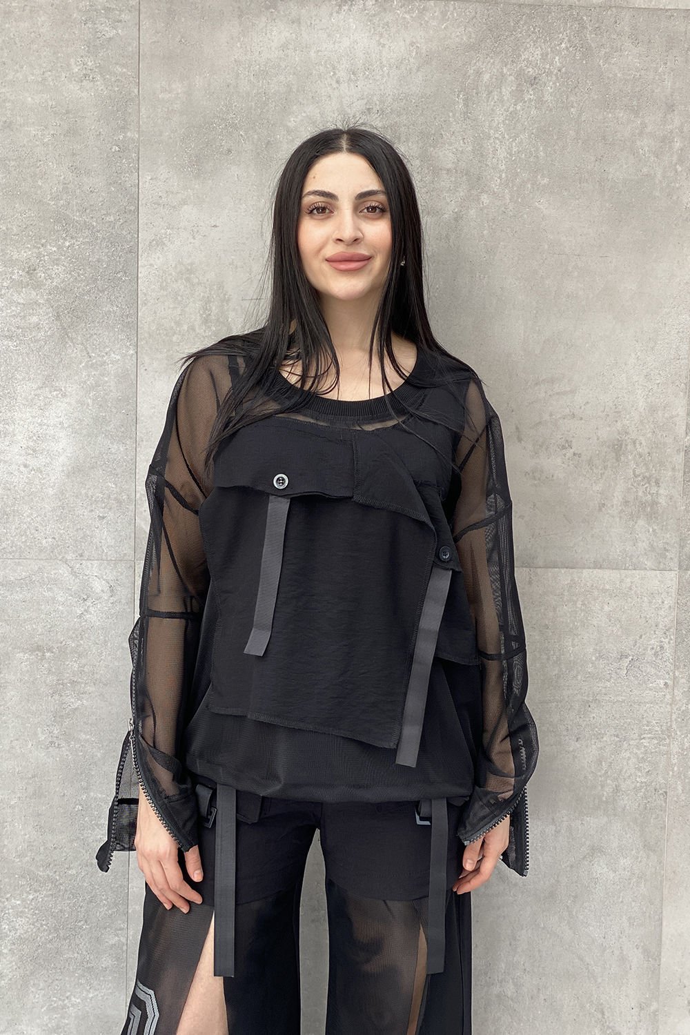 File Tasarımlı Oversize Kemerli Bluz