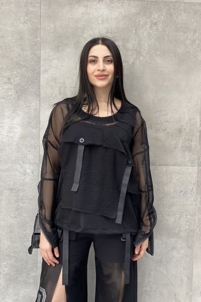 File Tasarımlı Oversize Kemerli Bluz