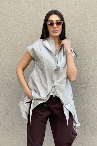 Çift Fermuarlı Tasarım Oversize Asimetrik Yelek