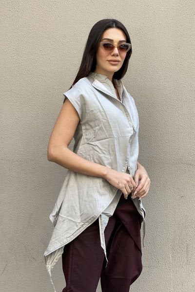 Çift Fermuarlı Tasarım Oversize Asimetrik Yelek