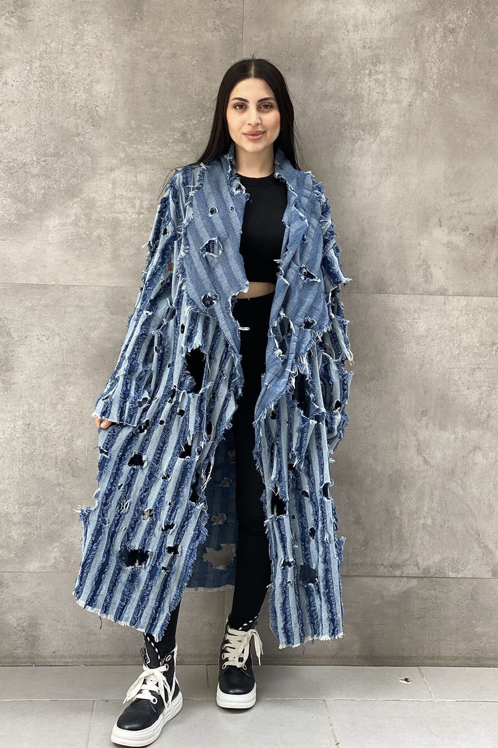 Delikli Tasarım Oversize Kot Trençkot