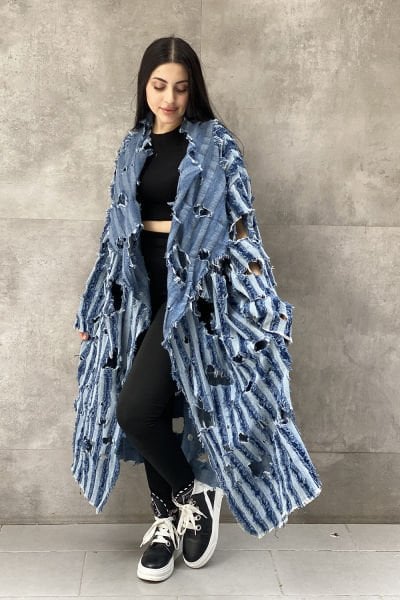 Delikli Tasarım Oversize Kot Trençkot