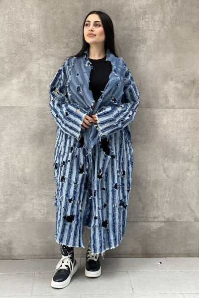 Delikli Tasarım Oversize Kot Trençkot