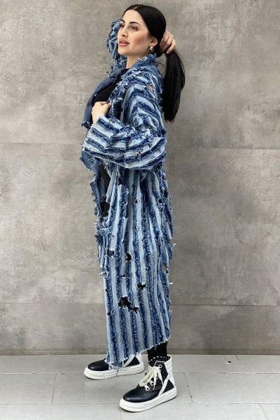 Delikli Tasarım Oversize Kot Trençkot