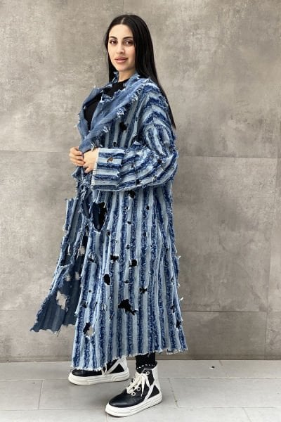 Delikli Tasarım Oversize Kot Trençkot