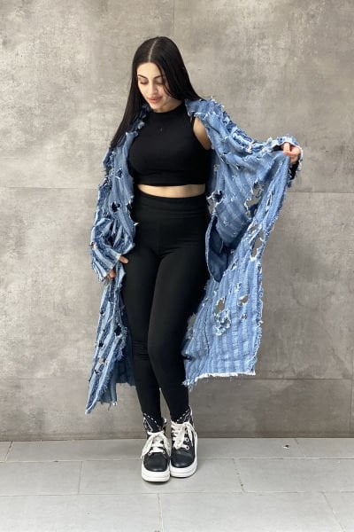 Delikli Tasarım Oversize Kot Trençkot