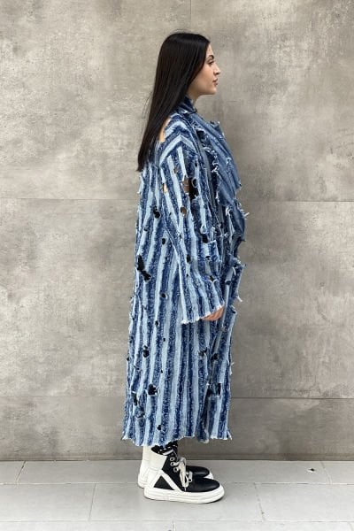 Delikli Tasarım Oversize Kot Trençkot