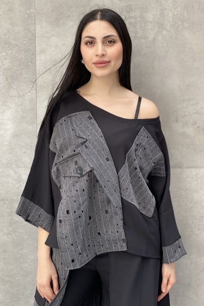 Delikli Kumaş Tasarım Oversize Bluz