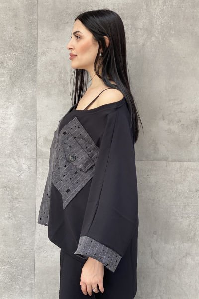 Delikli Kumaş Tasarım Oversize Bluz
