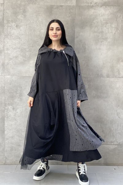 Delikli Kumaş Tasarım Oversize Elbise