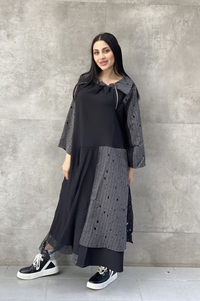 Delikli Kumaş Tasarım Oversize Elbise