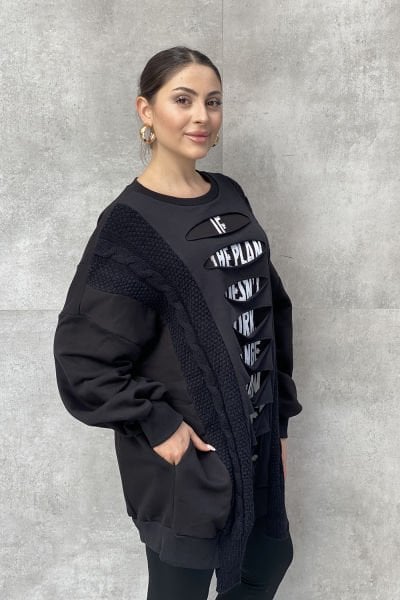 Kesik Tasarım Baskılı Oversize Sweatshirt