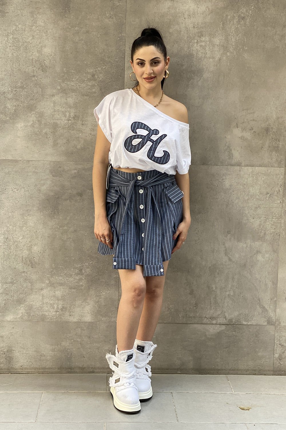 Çizgili Tasarım Oversize Bluz&Etek Takımı