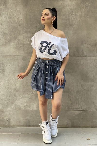 Çizgili Tasarım Oversize Bluz&Etek Takımı